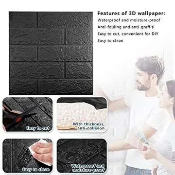 Sodeno 40 PCS Black 3D Wall Panels, 58 sq.feet Coverage Printable Wallpaper Sticker with Self-Adhesive Waterproof Brick PE Foam Wall Panels Peel and Stick for Interior Wall Decor, Home Decoration