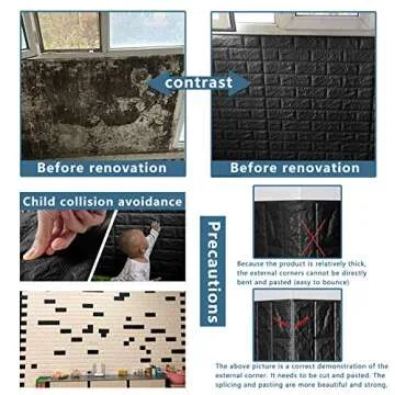 Sodeno 40 PCS Black 3D Wall Panels, 58 sq.feet Coverage Printable Wallpaper Sticker with Self-Adhesive Waterproof Brick PE Foam Wall Panels Peel and Stick for Interior Wall Decor, Home Decoration