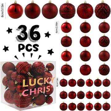 Christmas Ball Ornaments Wine Red Christmas Tree Decorations with Hang Rope-36pcs Shatterproof Christmas Ornaments Set with 6 Styles in 3 Sizes(Small Medium Large)