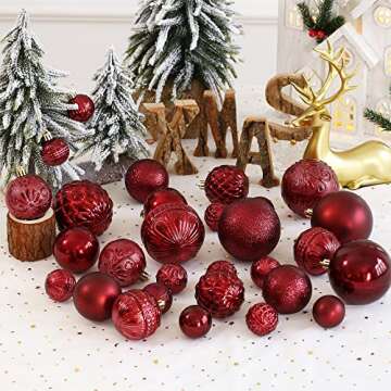 Christmas Ball Ornaments Wine Red Christmas Tree Decorations with Hang Rope-36pcs Shatterproof Christmas Ornaments Set with 6 Styles in 3 Sizes(Small Medium Large)