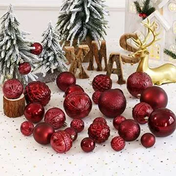 Christmas Ball Ornaments Wine Red Christmas Tree Decorations with Hang Rope-36pcs Shatterproof Christmas Ornaments Set with 6 Styles in 3 Sizes(Small Medium Large)