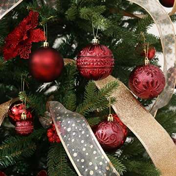 Christmas Ball Ornaments Wine Red Christmas Tree Decorations with Hang Rope-36pcs Shatterproof Christmas Ornaments Set with 6 Styles in 3 Sizes(Small Medium Large)