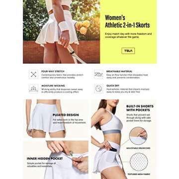 TSLA Women's Athletic Skorts Lightweight Active Tennis Skirts, Workout Running Golf Skirt with Pockets Built-in Shorts