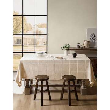 ZeeMart Grid Embroidered Hemmed Tablecloths, Light Tan 60x60 Inch, Farmhouse Style Heavy Weight Cotton Linen Light Beige Tablecloths, Boho Plaid Water Resistant Square Table Cloth