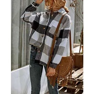 UANEO Womens Casual Plaid Shacket Button Down Fall Flannel Shacket Jacket Women (White-S)