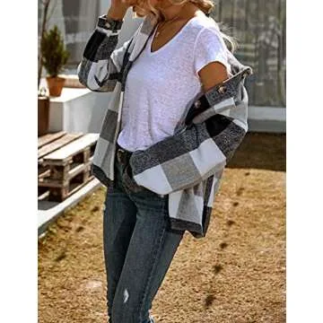 UANEO Womens Casual Plaid Shacket Button Down Fall Flannel Shacket Jacket Women (White-S)