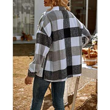 UANEO Womens Casual Plaid Shacket Button Down Fall Flannel Shacket Jacket Women (White-S)