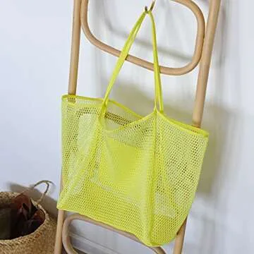 HOXIS Mesh Beach Tote for Women - Large Yellow Handbag