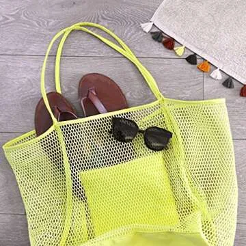 HOXIS Mesh Beach Tote for Women - Large Yellow Handbag