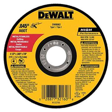 DeWalt DW8062 4-1/2"x.045"x7/8" Metal Angle Grinder Thin Cutoff Wheel, 10 Pack