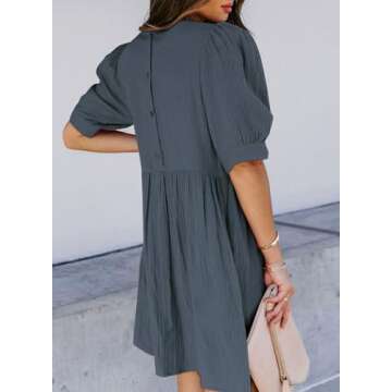 Dokotoo Womens Ladies Summer Sun Dress Spring Tunic Dress Round Neck Lantern Solid Color Short Sleeve High Waist Pocketed Mini Short Shift Dress for Party Gray Medium