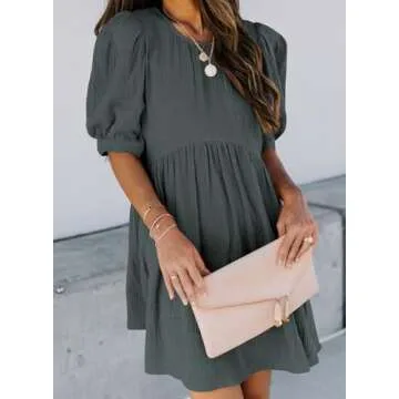 Dokotoo Womens Ladies Summer Sun Dress Spring Tunic Dress Round Neck Lantern Solid Color Short Sleeve High Waist Pocketed Mini Short Shift Dress for Party Gray Medium