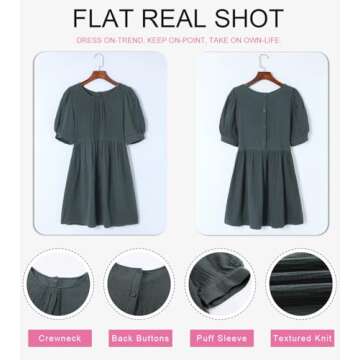 Dokotoo Womens Ladies Summer Sun Dress Spring Tunic Dress Round Neck Lantern Solid Color Short Sleeve High Waist Pocketed Mini Short Shift Dress for Party Gray Medium