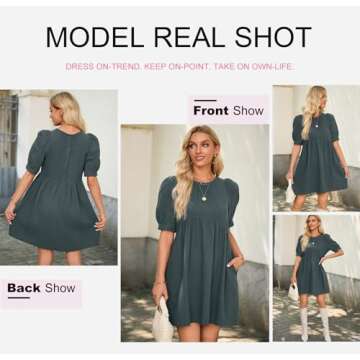 Dokotoo Womens Ladies Summer Sun Dress Spring Tunic Dress Round Neck Lantern Solid Color Short Sleeve High Waist Pocketed Mini Short Shift Dress for Party Gray Medium