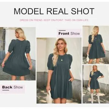 Dokotoo Womens Ladies Summer Sun Dress Spring Tunic Dress Round Neck Lantern Solid Color Short Sleeve High Waist Pocketed Mini Short Shift Dress for Party Gray Medium