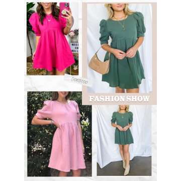 Dokotoo Womens Ladies Summer Sun Dress Spring Tunic Dress Round Neck Lantern Solid Color Short Sleeve High Waist Pocketed Mini Short Shift Dress for Party Gray Medium