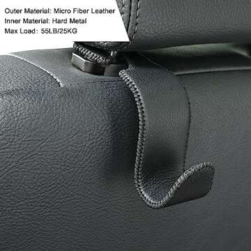 Amooca Car Seat Headrest Hook Universal Vehicle Storage Hanger Leather with Metal Car Seat Back Organizer for Handbag Purse Coat Black 2 Pack