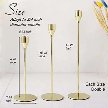 6Pcs Lemon Gold Candlestick Holders, Tall Taper Candelabra Stands fits 3/4 inch Thick Pillar Candle Stick, Elegant Decor Set for Table Centerpiece, Floor, Fireplace as Date, Festival, Fitting.
