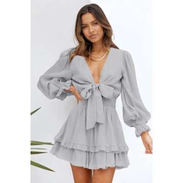 AlvaQ Womens Sundress Casual V Neckline Long Sleeve Solid Mini Dress Fashion Skater A Line Ruffle Swing Dresses Gray 1X