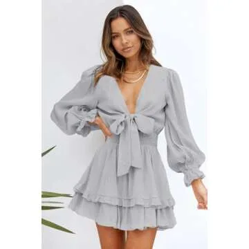 AlvaQ Womens Sundress Casual V Neckline Long Sleeve Solid Mini Dress Fashion Skater A Line Ruffle Swing Dresses Gray 1X