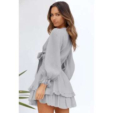 AlvaQ Womens Sundress Casual V Neckline Long Sleeve Solid Mini Dress Fashion Skater A Line Ruffle Swing Dresses Gray 1X