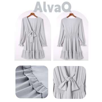 AlvaQ Womens Sundress Casual V Neckline Long Sleeve Solid Mini Dress Fashion Skater A Line Ruffle Swing Dresses Gray 1X