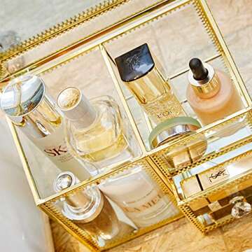 PuTwo Handmade Brass Edge Makeup Organizer - Vintage Glass Makeup Storage with FREE Pearls, Large Ca...