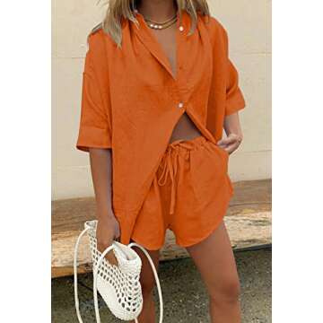 HAPCOPE Women's 2 Piece Casual Tracksuit Outfit Set Half Sleeve Shirt and High Waisted Shorts Set Orange S