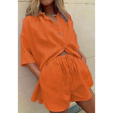 HAPCOPE Women's 2 Piece Casual Tracksuit Outfit Set Half Sleeve Shirt and High Waisted Shorts Set Orange S