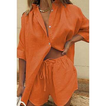 HAPCOPE Women's 2 Piece Casual Tracksuit Outfit Set Half Sleeve Shirt and High Waisted Shorts Set Orange S