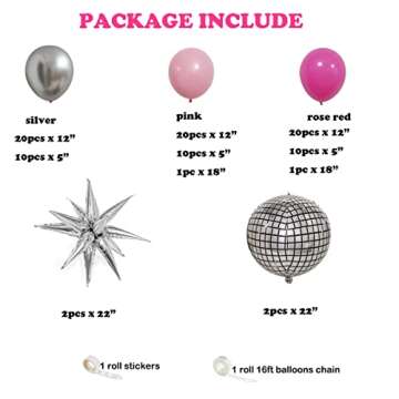 Disco Pink Party Decorations for Gilrs, Women Birthday Hot Pink Baby Pink Balloons and Metallic Silver Foil Explode Star Balloons 22 Inch Disco Ball for Birthday Baby Shower Princess Party Supplies