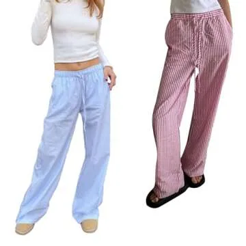 Mxiqqpltky Pajama Pants Women Y2k Striped Elastic High Waist Straight Wide Leg Lounge Pj Pants Soft Pajama Bottoms Sleepwear (Z-Blue, S)