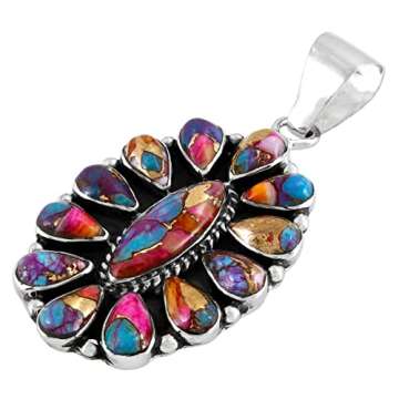 Turquoise Pendant Necklace 925 Sterling Silver Genuine Gemstones 20" (Rainbow Spiny Turquoise)