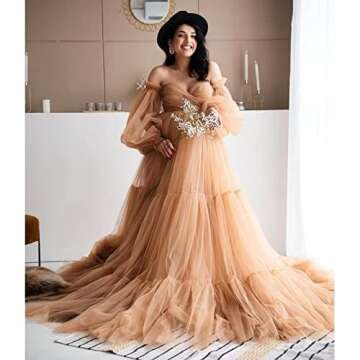 FONGYUSHUN Puffy Tulle Robe Maternity Dresses for Photoshoot Off Shoulder Bridal Lingerie Long Sleeve Baby Shower Dress for Pregnant Women Skin Small-Medium