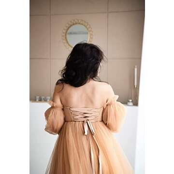 FONGYUSHUN Puffy Tulle Robe Maternity Dresses for Photoshoot Off Shoulder Bridal Lingerie Long Sleeve Baby Shower Dress for Pregnant Women Skin Small-Medium