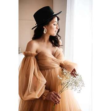 FONGYUSHUN Puffy Tulle Robe Maternity Dresses for Photoshoot Off Shoulder Bridal Lingerie Long Sleeve Baby Shower Dress for Pregnant Women Skin Small-Medium