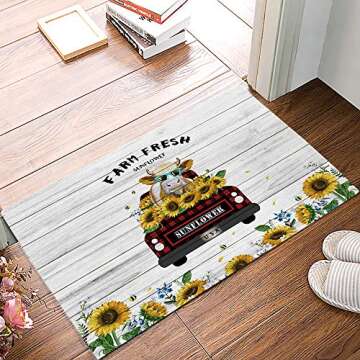 Cow Doormats Cow Kitchen Rug Entrace Door Rug Farm Animal Buffalo Check Plaid Truck with Sunflower Farmhouse Rugs for Indoor/Bathroom/Kitchen/Bedroom/Entryway Floor Mat Decorative, Non-Slip 18x30