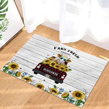Cow Doormats Cow Kitchen Rug Entrace Door Rug Farm Animal Buffalo Check Plaid Truck with Sunflower Farmhouse Rugs for Indoor/Bathroom/Kitchen/Bedroom/Entryway Floor Mat Decorative, Non-Slip 18x30