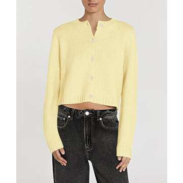 Cioatin Women Long Sleeve Button Down Knit Crop Cardigan Open Front Lightweight Sweater Pullover Fall Outfits Tops Yellow