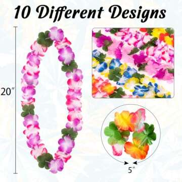 Moon Boat 60 Pieces Hawaiian Luau Leis - Tropical Tiki Hibiscus Flowers for Summer Pool Party Favors Supplies Decorations (10 Styles)