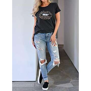 INFITTY Womens Basic Graphic Tees Casual Summer Short Sleeve Shirt Blouse Lightning Leopard Print Tops Tunic