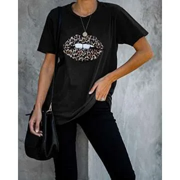 INFITTY Womens Basic Graphic Tees Casual Summer Short Sleeve Shirt Blouse Lightning Leopard Print Tops Tunic