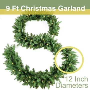 HomeKaren Christmas Garland 9 Ft by 12 Inch Prelit Fraser Fir Xmas Garland with 50 LED Lights 550 Tips, Real Like Lush and Classics Green Style for Indoor Outdoor Home Decoration