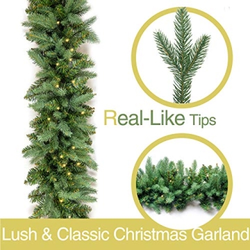 HomeKaren Christmas Garland 9 Ft by 12 Inch Prelit Fraser Fir Xmas Garland with 50 LED Lights 550 Tips, Real Like Lush and Classics Green Style for Indoor Outdoor Home Decoration