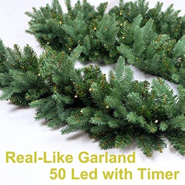 HomeKaren Christmas Garland 9 Ft by 12 Inch Prelit Fraser Fir Xmas Garland with 50 LED Lights 550 Tips, Real Like Lush and Classics Green Style for Indoor Outdoor Home Decoration