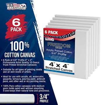 U.S. Art Supply 4 x 4 inch Stretched Canvas 12-Ounce Triple Primed, 6-Pack - Professional Artist Qua...