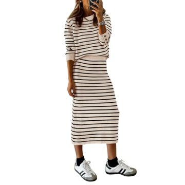 PRETTYGARDEN Women's 2 Piece Striped Sweater Set Casual Fall Long Sleeve Knit Pullover Midi Skirts M...