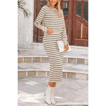 PRETTYGARDEN Women's 2 Piece Striped Sweater Set Casual Fall Long Sleeve Knit Pullover Midi Skirts Matching Travel Outfits (Apricot Stripe,Small)