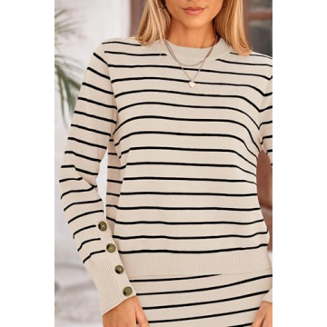 PRETTYGARDEN Women's 2 Piece Striped Sweater Set Casual Fall Long Sleeve Knit Pullover Midi Skirts Matching Travel Outfits (Apricot Stripe,Small)