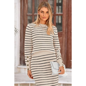 PRETTYGARDEN Women's 2 Piece Striped Sweater Set Casual Fall Long Sleeve Knit Pullover Midi Skirts Matching Travel Outfits (Apricot Stripe,Small)